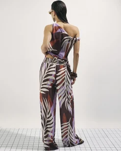 Brown Leaf Print Wide Leg Trousers