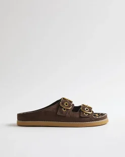 Brown Leopard Footbed Double Strap Sandals