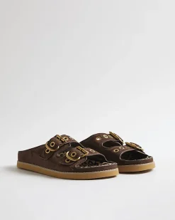 Brown Leopard Footbed Double Strap Sandals