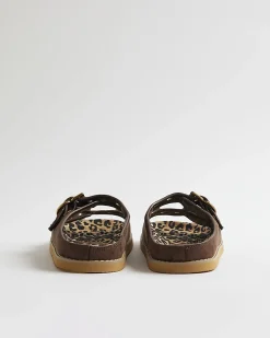 Brown Leopard Footbed Double Strap Sandals