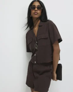 Brown Linen Blend Boxy Shirt