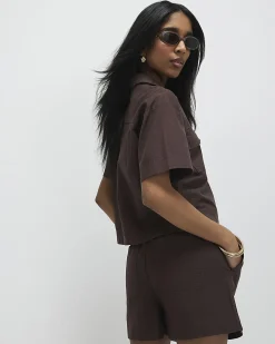 Brown Linen Blend Boxy Shirt