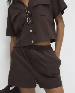 Brown Linen Blend Pull On Shorts