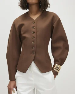 Brown Long Balloon Sleeve Button Up Jacket