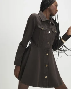 Brown Long Sleeve Button Up Denim Mini Dress