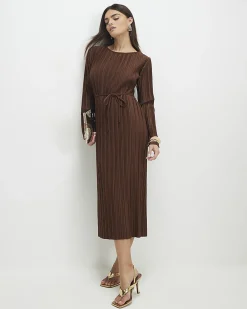 Brown Long Sleeve Plisse Belted Midi Dress