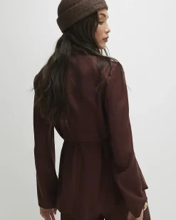 Brown Long Sleeve Tie Waist Shacket