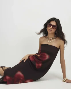 Brown Mesh Floral Bandeau Midi Dress