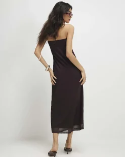 Brown Mesh Floral Bandeau Midi Dress