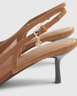 Brown Mesh Splice Slingback Court Heels