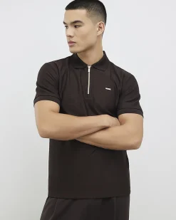 Brown Muscle Fit Textured Zip Polo Shirt
