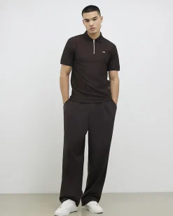 Brown Muscle Fit Textured Zip Polo Shirt
