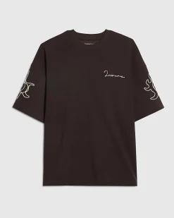 Brown Oversized Cotton Blend Roping T-Shirt