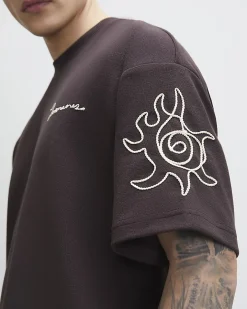 Brown Oversized Cotton Blend Roping T-Shirt