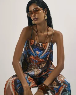 Brown Palm Print Tiered Cami Top