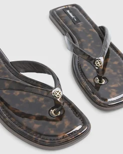 Brown Patent Tortoiseshell Toe Thong Sandals