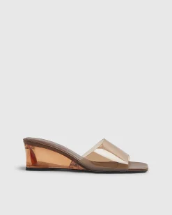 Brown Perspex Mule Wedge Sandals
