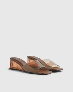 Brown Perspex Mule Wedge Sandals