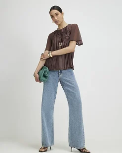 Brown Pleated Hybrid Short Sleeve T-Shirt