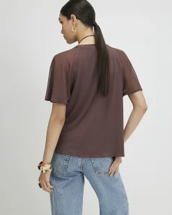 Brown Pleated Hybrid Short Sleeve T-Shirt