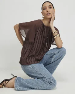 Brown Pleated Hybrid Short Sleeve T-Shirt