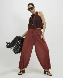 Brown Pleated Mesh Balloon Leg Trousers