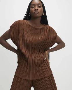 Brown Plisse Short Sleeve Top