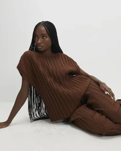 Brown Plisse Short Sleeve Top