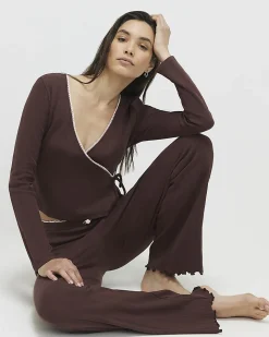 Brown Pointelle Wrap Front Loungewear Set