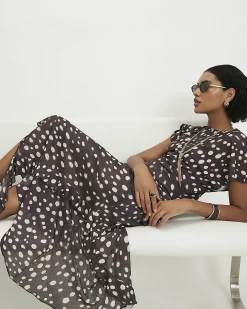 Brown Polka Dot Hybrid T-Shirt Midi Dress