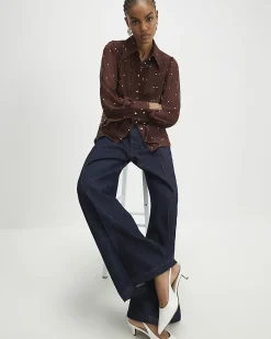 Brown Polka Dot Print Scallop Trim Shirt