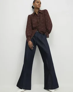 Brown Polka Dot Print Scallop Trim Shirt