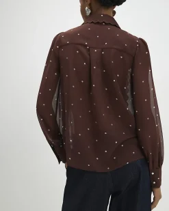 Brown Polka Dot Print Scallop Trim Shirt