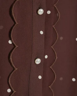 Brown Polka Dot Print Scallop Trim Shirt