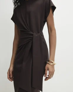 Brown Premium Short Sleeve Knot Midi Dress