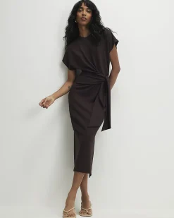 Brown Premium Short Sleeve Knot Midi Dress