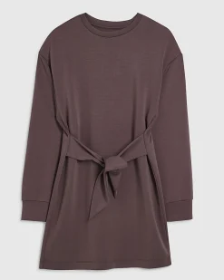 Brown Premium Tie Front Mini Sweatshirt Dress