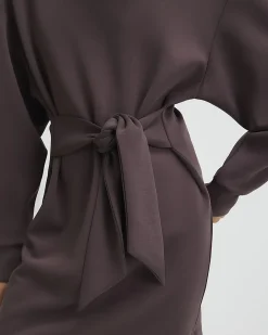 Brown Premium Tie Front Mini Sweatshirt Dress