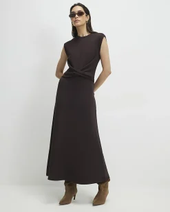Brown Premium Twist Front Midi Dress