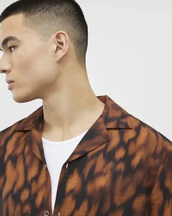 Brown Regular Fit Animal Print Revere Shirt