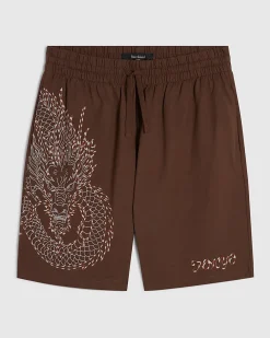 Brown Regular Fit Embroidered Dragon Shorts
