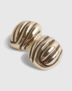 Brown Ridged Stripe Stud Earrings