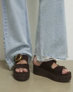 Brown Ring Buckle Strap Wedge Sandals
