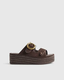 Brown Ring Buckle Strap Wedge Sandals