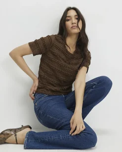 Brown Ruffle Lace Textured Top