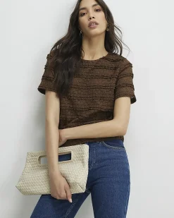 Brown Ruffle Lace Textured Top