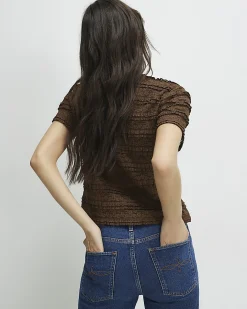 Brown Ruffle Lace Textured Top