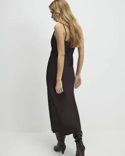 Brown Satin Cowl Neck Lace Trim Midi Dress