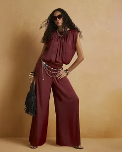 Brown Satin Elasticated Wide Leg Trousers