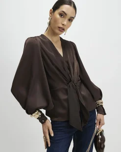 Brown Satin Knot Front Top